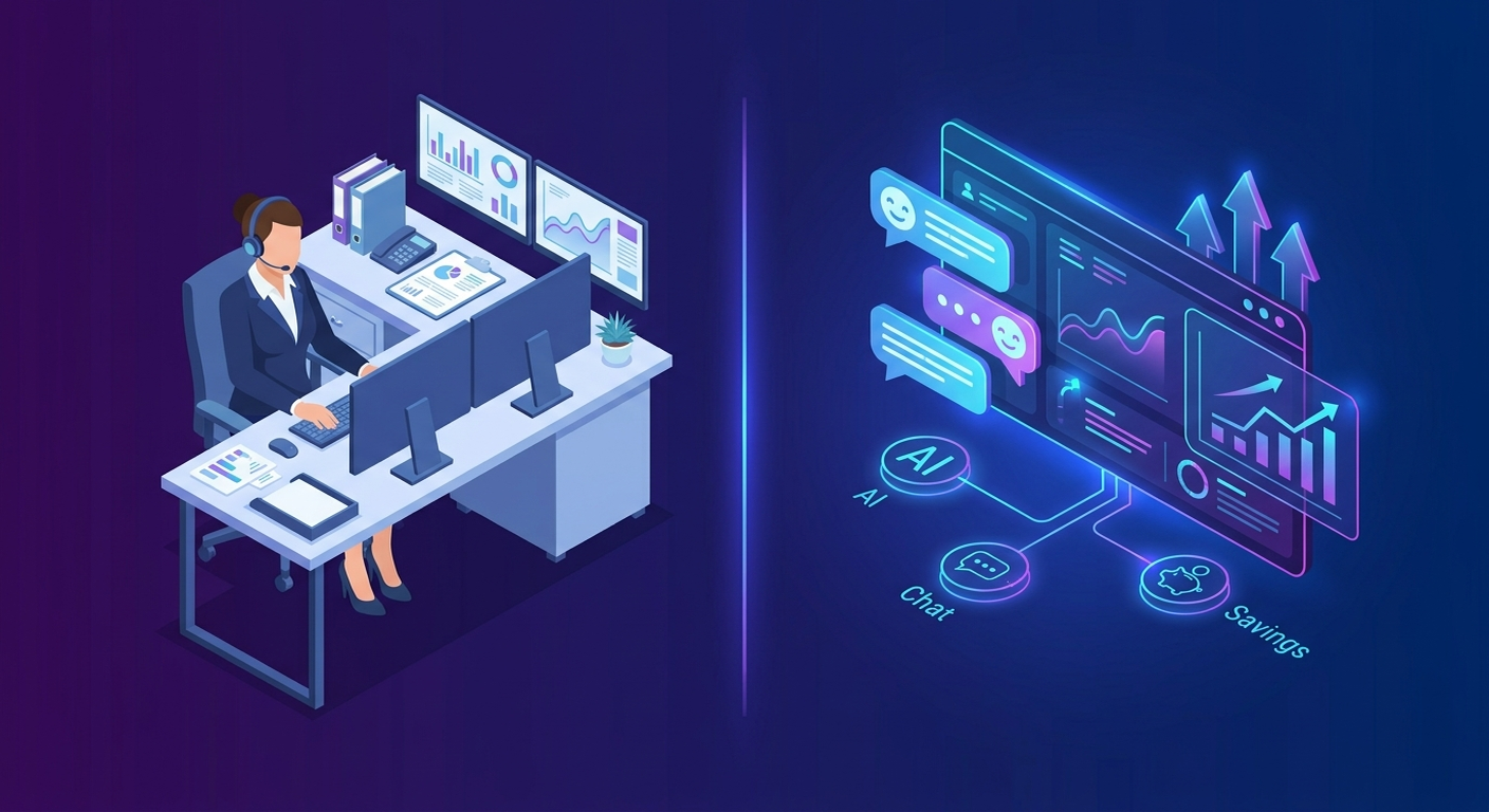 Split-screen comparison of an expensive human call center agent with headset and a friendly AI phone agent dashboard - 2026 cost difference for HVAC and plumbing operators