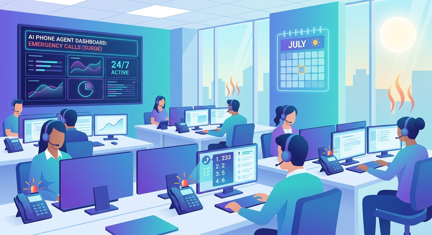 Busy HVAC and plumbing call center during peak summer heat season with phones ringing and AI agent dashboard handling emergency calls 24/7