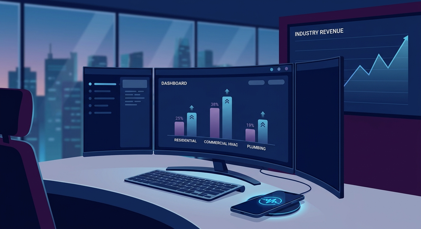 2026 AI adoption dashboard for HVAC and plumbing businesses showing rising commercial HVAC adoption 38%, residential 25%, plumbing 19%, and growing call capture rates for AI phone agents